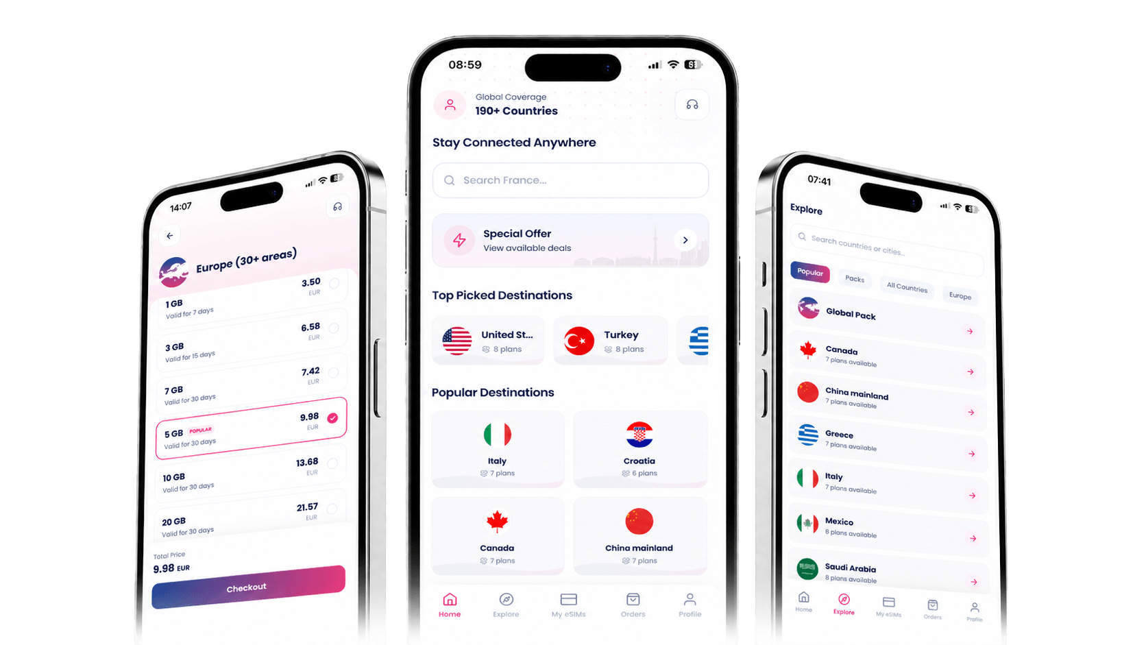 SimUno mobile app screens